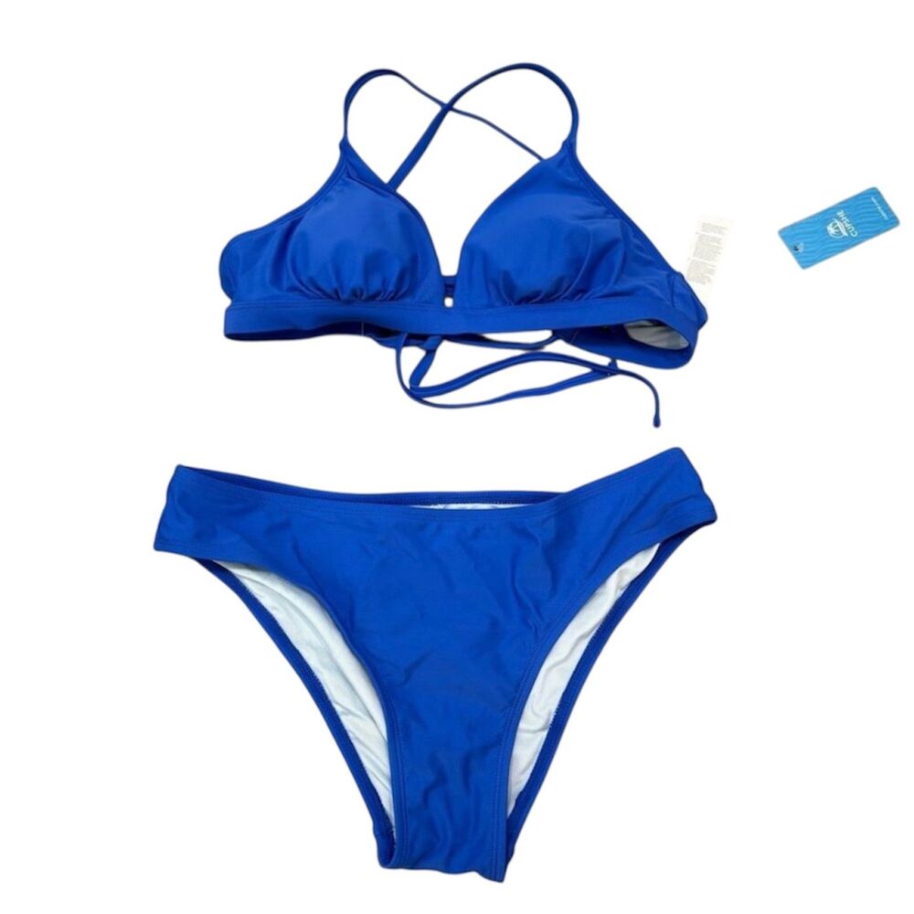 NWT Cupshe Boho Rhapsody Lace Up Bralette & Hipster Bikini Royal Blue Size S
